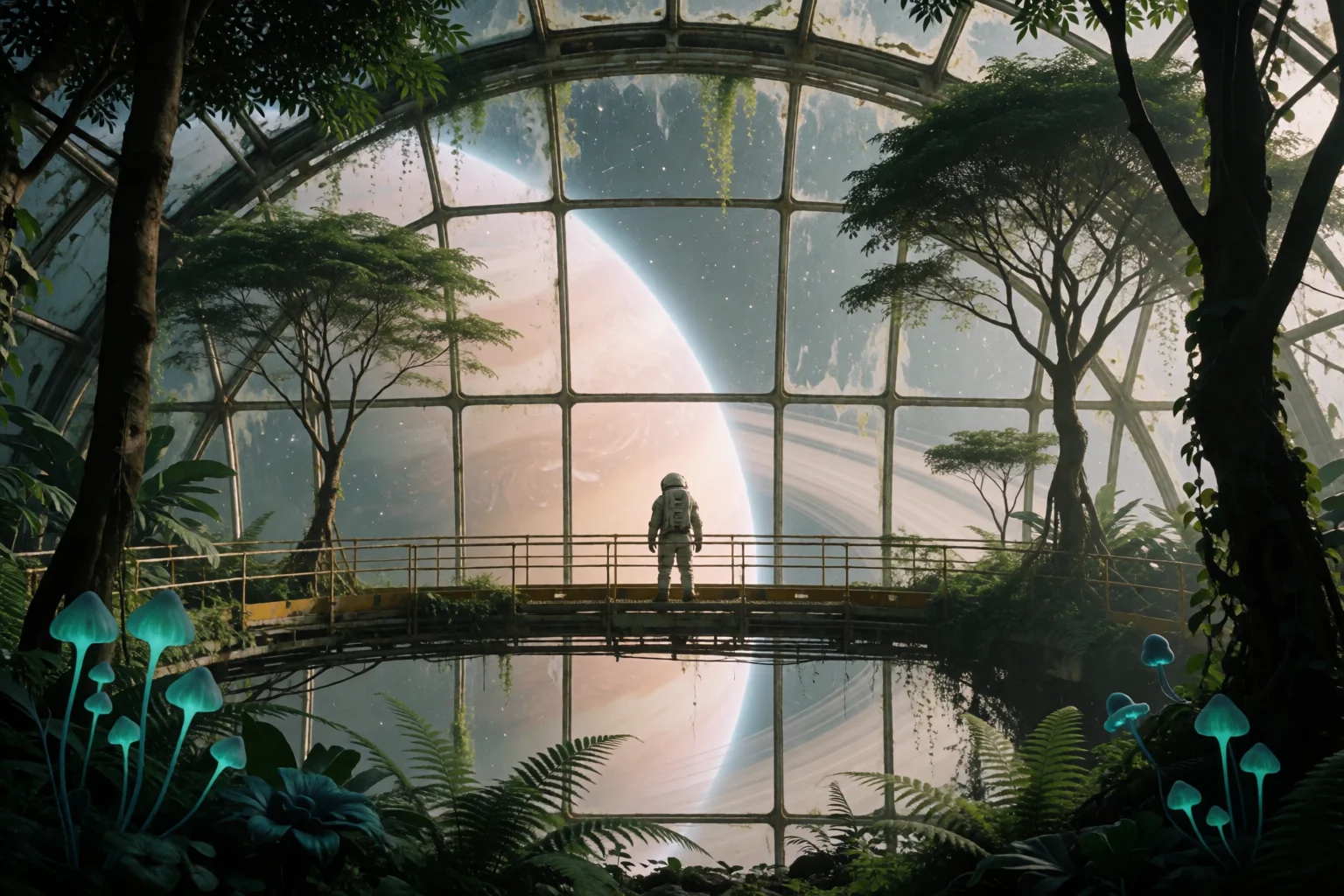 An astronaut in an overgrown orbital greenhouse beneath a huge ringed planet