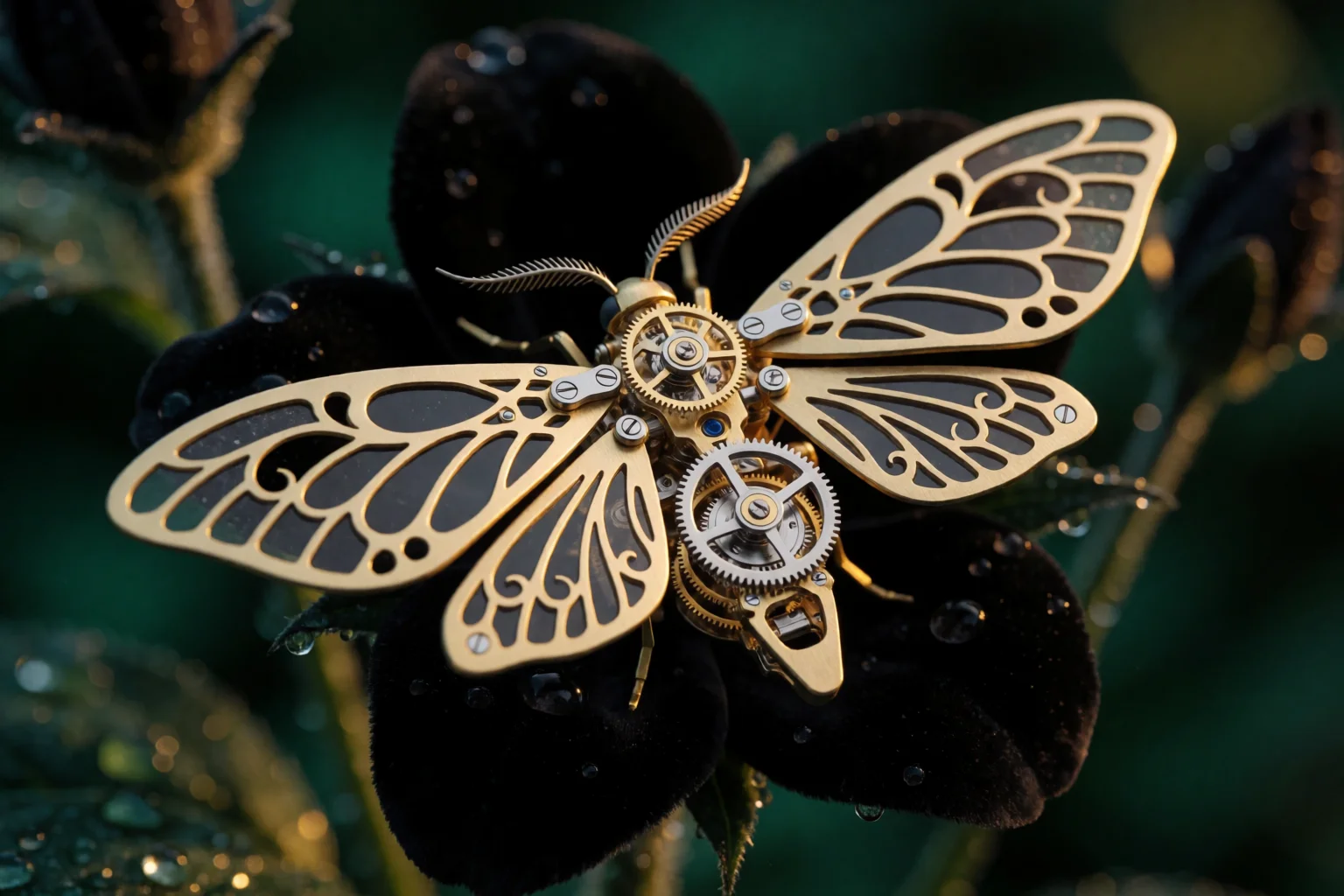 A rigid brass moth automaton with exposed interlocking gears and articulated metal wings