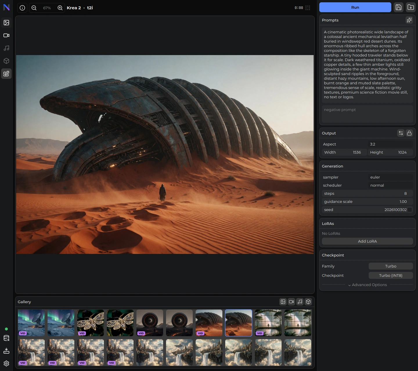 Lux's Krea2 image workspace displaying the desert leviathan, its generation prompt and controls, and the normal image and video gallery
