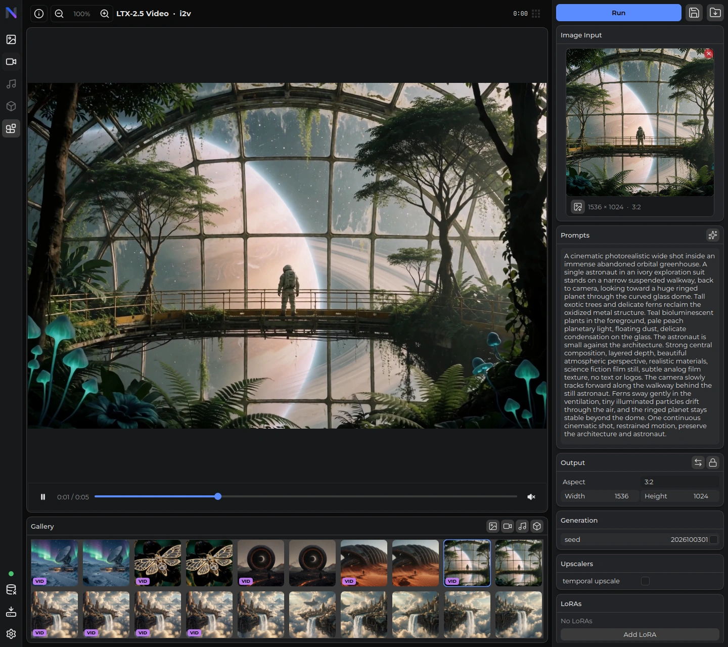 Lux's LTX 2.5 image-to-video workspace playing the astronaut in an orbital greenhouse, with the matching astronaut input image, motion prompt, and normal image and video gallery
